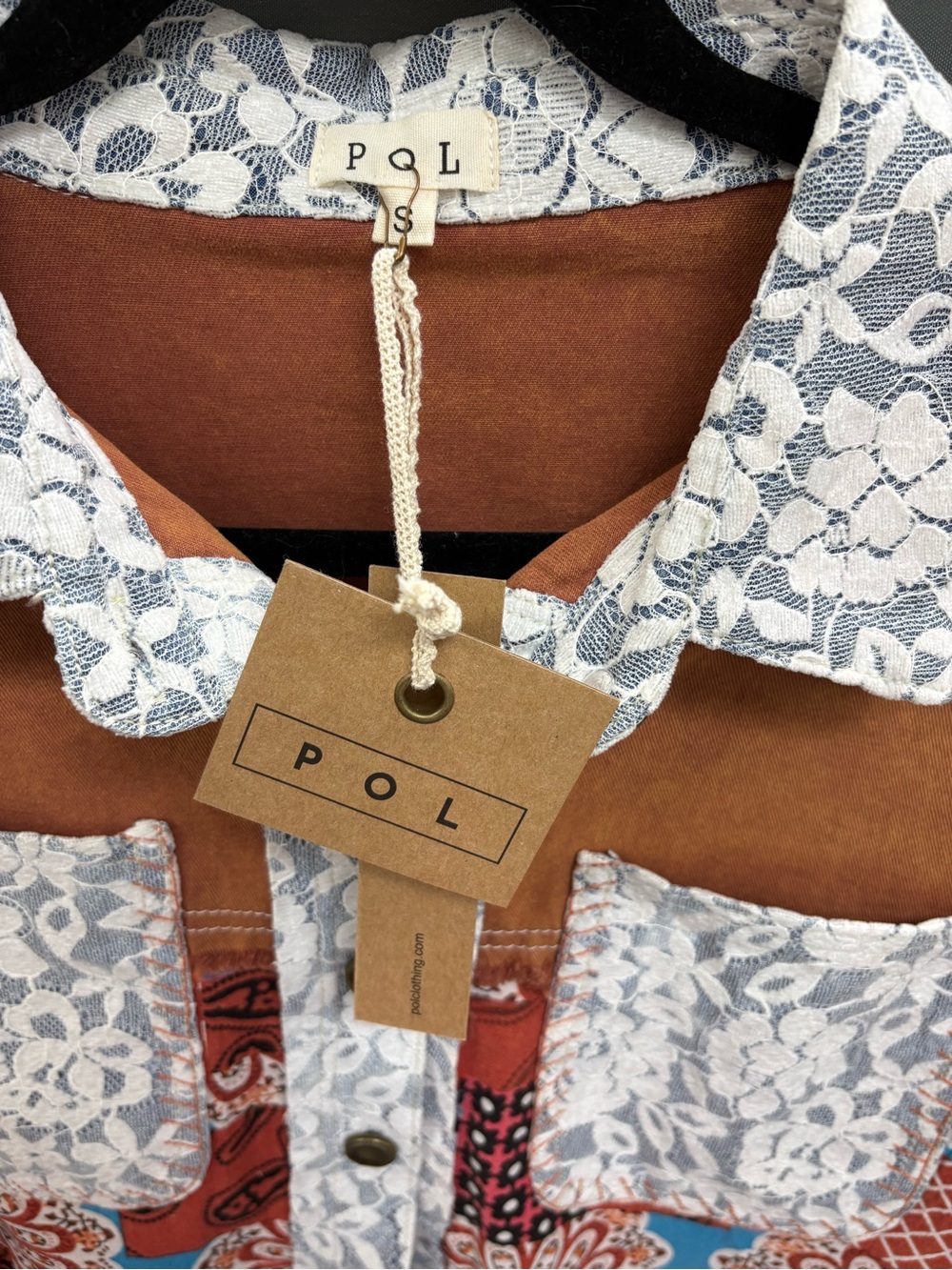 POL Mixed-Print Patchwork Jacket in Rust, Blue, White - Picture 2 of 3